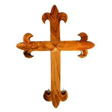 Load image into Gallery viewer, Olive Wood Fleur de Lis Wall Cross
