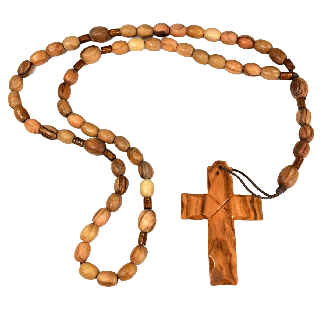 Olive Wood Latin Cross on Rosary - Oval Beads