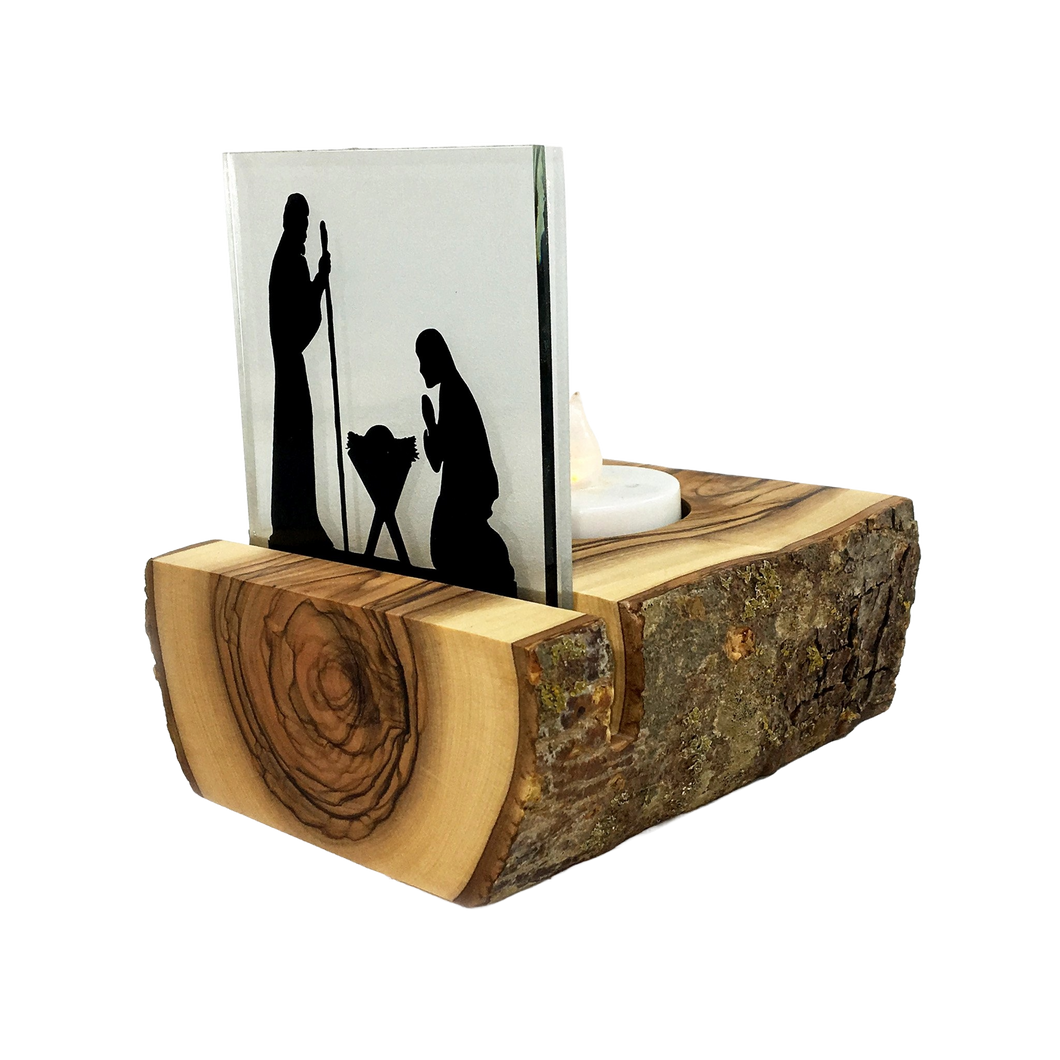 Olive Wood Tea Light Silhouette - Nativity with Natural Bark