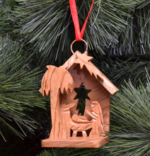 Load image into Gallery viewer, Olive Wood 3D Creche Ornament in Tree