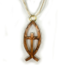 Load image into Gallery viewer, Olive Wood Cross in Ichthus Pendant Necklace