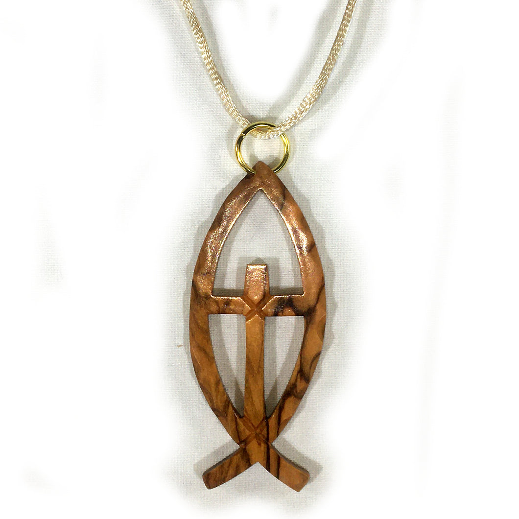 Olive Wood Cross in Ichthus Pendant Necklace