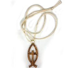 Load image into Gallery viewer, Olive Wood Cross in Ichthus Pendant Necklace
