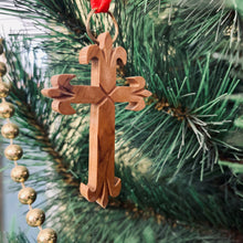 Load image into Gallery viewer, Olive Wood Fleur de Lis Cross Ornament on Christmas Tree
