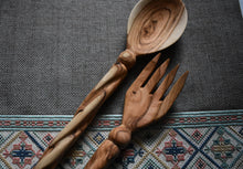 Load image into Gallery viewer, Handcrafted Olive Wood Spiral Salad Set on Hand Stitched Fabric