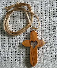 Load image into Gallery viewer, Olive Wood Angled Heart Cutout Latin Cross Necklace
