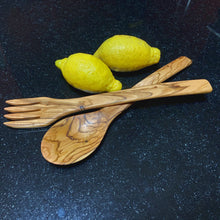 Load image into Gallery viewer, Handcrafted Olive Wood Straight Salad Set on Granite