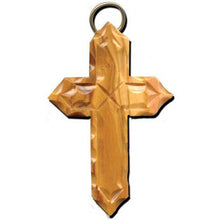 Load image into Gallery viewer, Olive Wood Angled Latin Cross Ornament (Scalloped and Ribbed)
