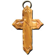 Load image into Gallery viewer, Olive Wood Angled Latin Cross Ornament (Scalloped and Ribbed)
