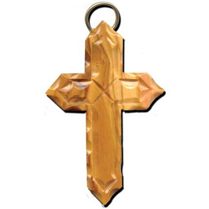 Olive Wood Angled Latin Cross Ornament (Scalloped and Ribbed)