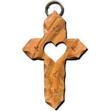 Load image into Gallery viewer, Olive Wood Angled Scalloped Heart Cutout Latin Cross Necklace