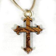 Load image into Gallery viewer, Olive Wood Fleur de Lis Cross Necklace