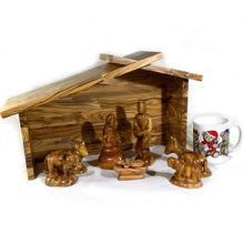 Load image into Gallery viewer, Heirloom Handmade Olive Wood Nativity Stable with 8-Piece Nativity Set
