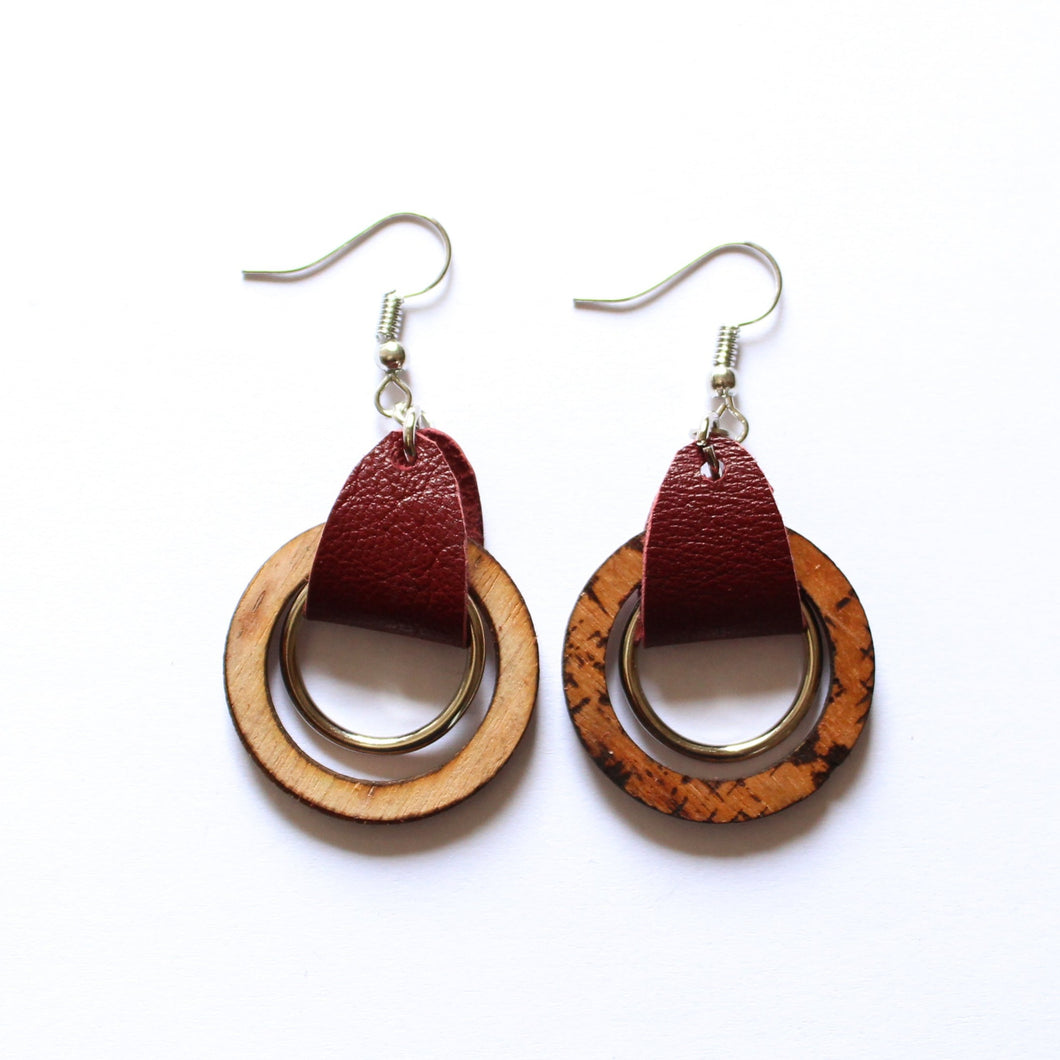 Wooden & Metal Dangle Hoop Earrings