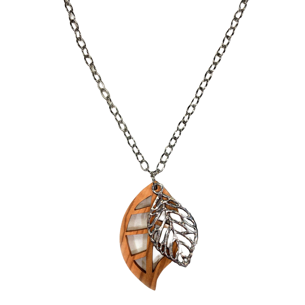 Olive Wood Double Leaf Silver Necklace