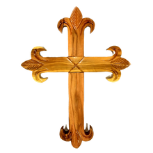 Load image into Gallery viewer, Olive Wood Fleur de Lis Wall Cross
