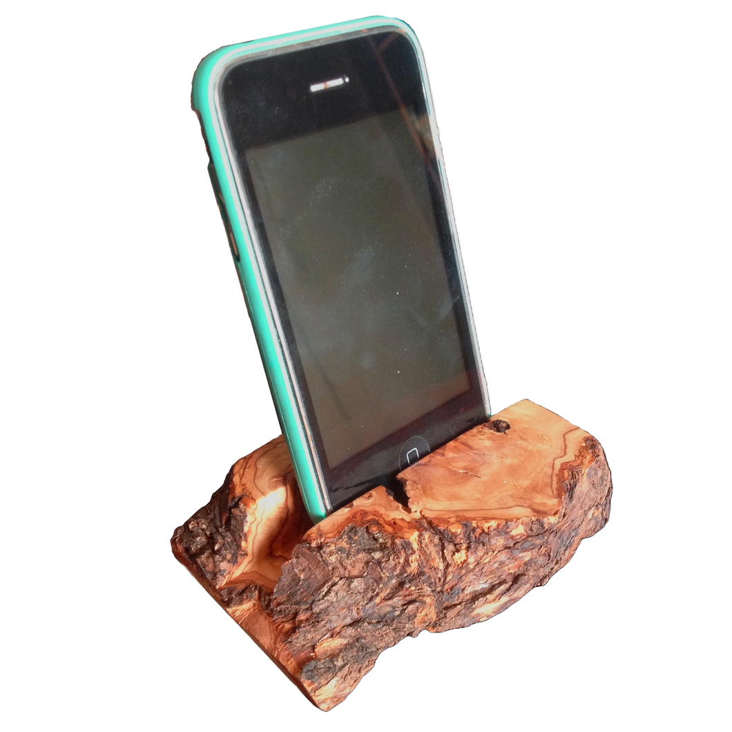 Olive Wood Natural Bark Handheld Device Stand