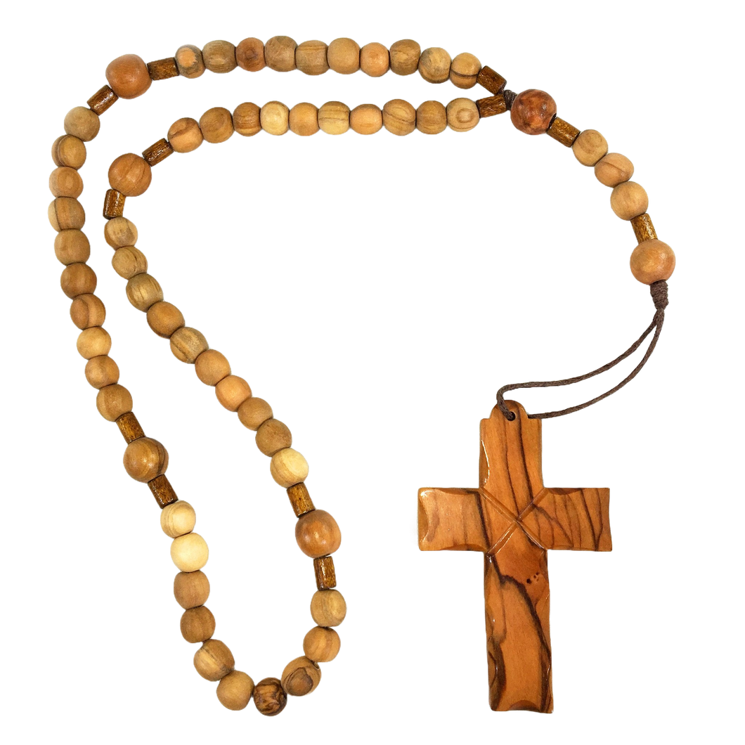 Olive Wood Latin Cross on Rosary - Round Beads