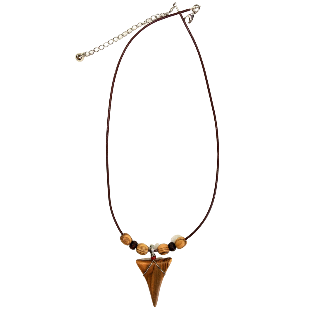 Olive Wood Shark Tooth Necklace - With Olive Wood Beads