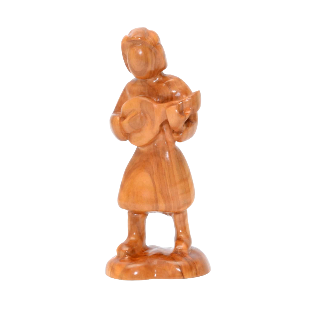Handcrafted Olive Wood Shepherd Figure Standing with Lute