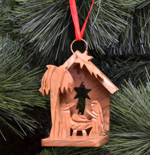 Load image into Gallery viewer, Olive Wood 3D Creche Ornament in Tree
