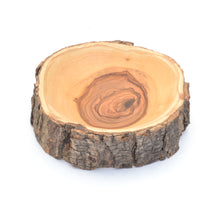 Load image into Gallery viewer, Natural Bark Olive Wood Dish - Circular Perspective View
