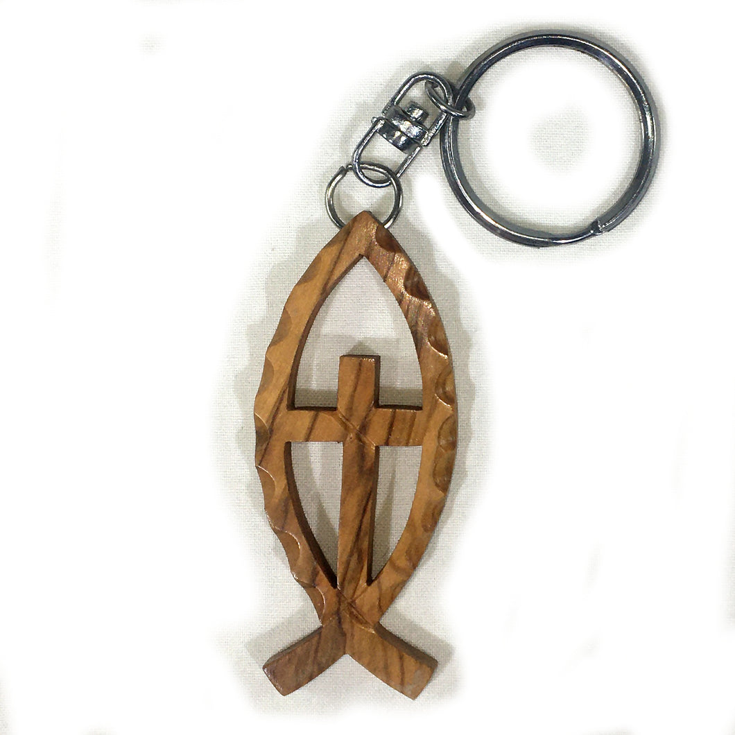 Olive Wood Cross in Ichthus Keychain