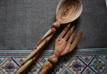 Load image into Gallery viewer, Handcrafted Olive Wood Spiral Salad Set on Hand Stitched Fabric
