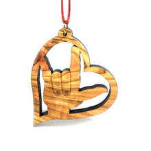 Load image into Gallery viewer, Olive Wood Sign Language &#39;I Love You&#39; Ornament
