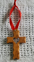 Load image into Gallery viewer, Customer&#39;s Olive Wood Latin Scalloped Heart Cross Ornament
