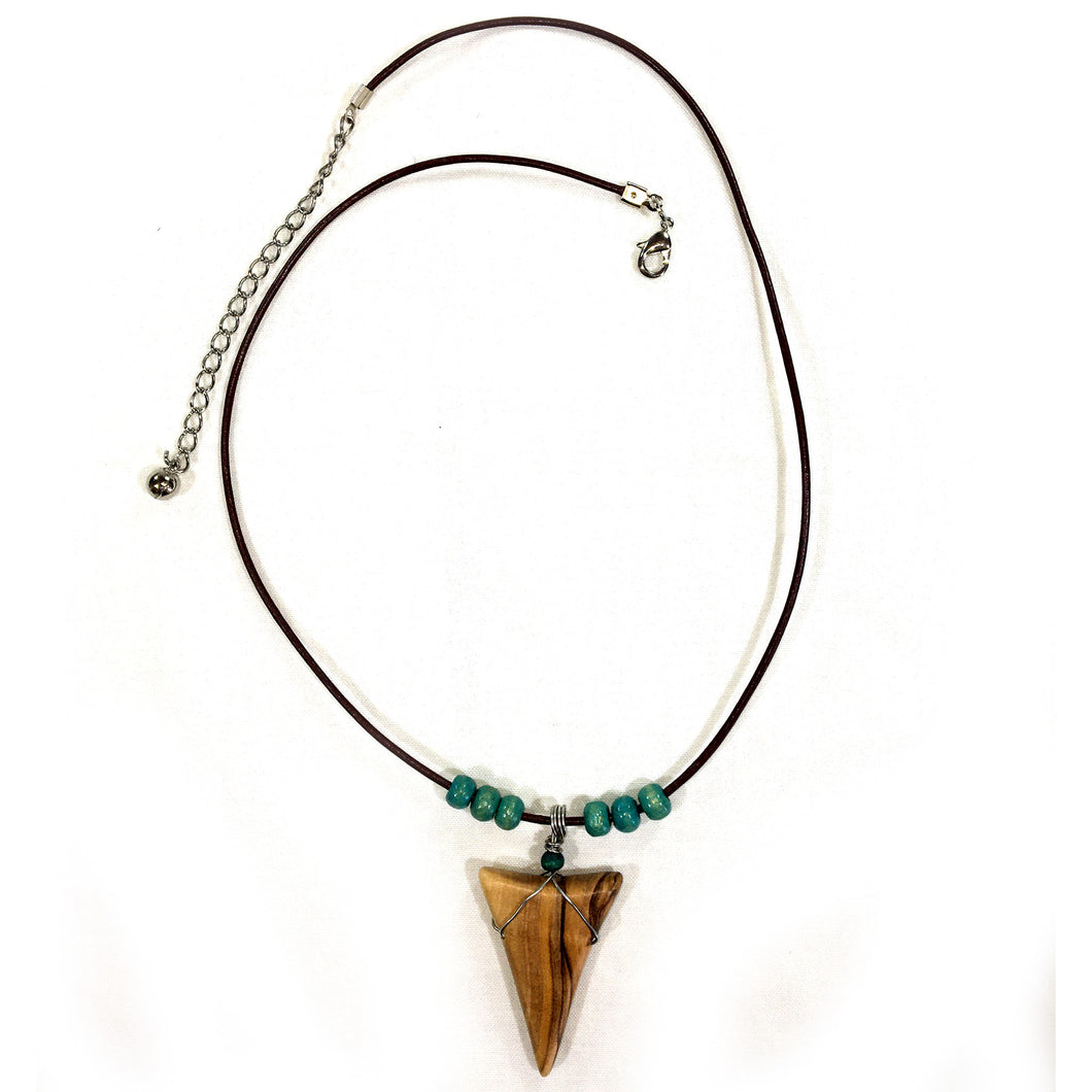 Olive Wood Shark Tooth Necklace - Turquoise