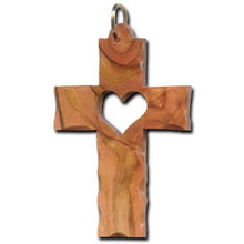 Load image into Gallery viewer, Olive Wood Scalloped Latin Cross Heart Cutout Necklace
