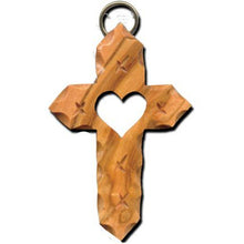 Load image into Gallery viewer, Olive Wood Angled Latin Cross Scalloped Heart Keychain
