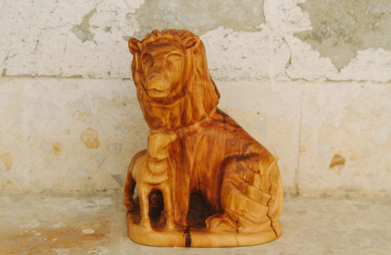 Lion and Lamb Olive Wood Carving
